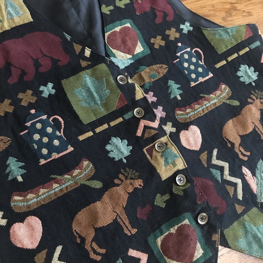 tapestry Woodland creatures vest L menswear country cottage cabincore - Picture 3 of 4